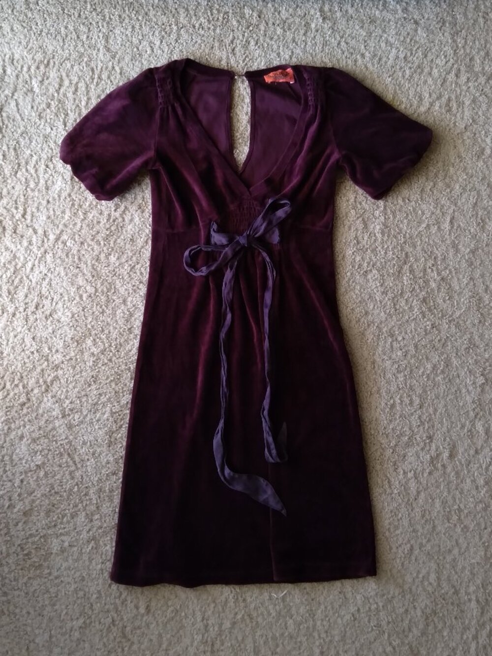 Juicy Couture Maroon Wine Velour Puff Sleeve Dress with Ribbon Tie Size P/XS